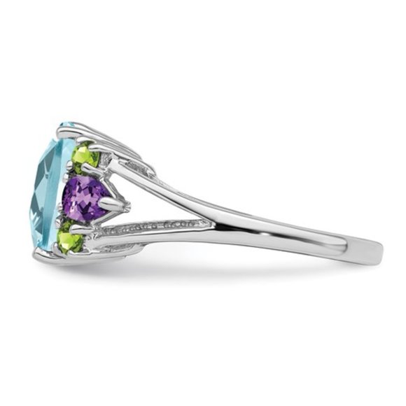 925 Sterling Silver Rhodium Light Swiss Blue Topaz, Amethyst and Peridot Ring - Picture 7 of 8